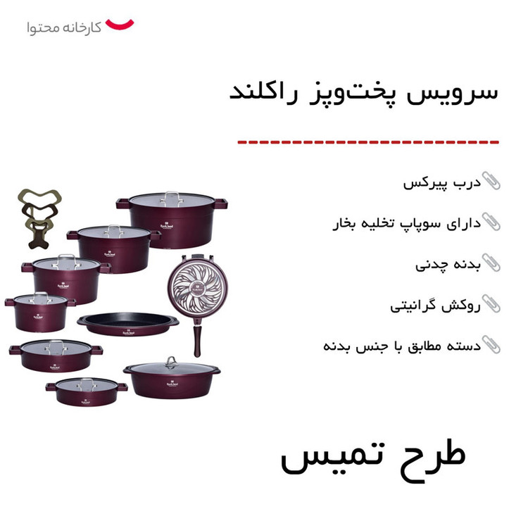 سرویس قابلمه راکلند مدل تمیس ۲۱ پارچه رنگ رزگلد